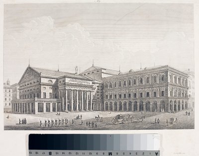 Utsikt över Carlo Felice-teatern och Accademia-palatset i Genua (Etsning av Luigi Garibbo