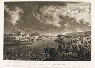 Utsikt över bron Pila i Genua, efter floden i Bisagno-strömmen den 26/10/1822 (Etsning, ca 1822) av Luigi Garibbo