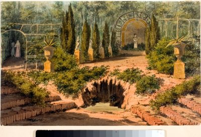 Utsikt över trädgården till villan Doria a Pegli nära Genua (akvarell, cirka 1825) av Luigi Garibbo