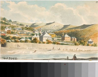 Utsikt över Marassi-kullen med klocktorn i Santa margherita-kyrkan nära Genua (akvarell, ca 1825) av Luigi Garibbo
