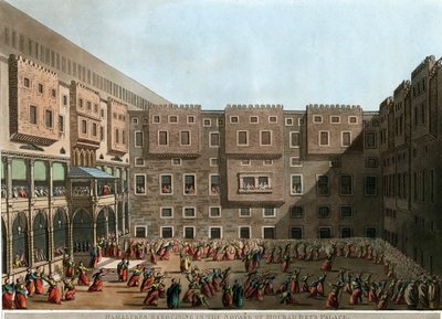 ""Mamluker som tränar på innergården till Mourad Bey-palatset, Tunis"" (Mamluker tränar på torget i Murad Beys palats) Litografi av Luigi Mayer (1755-1803) - 1802 Dim 22,9x31,6 cm Privat samling av Luigi Mayer