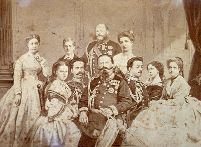 Bilden föreställer olika medlemmar av den kungliga familjen i Savojen. I mitten, sittande, Victor Emmanuel II, Umberto I och Amedeo i full uniform; regentens döttrar och Elisabetta av Sachsen i eleganta kläder. I bakgrunden, till höger av Luigi Montabone
