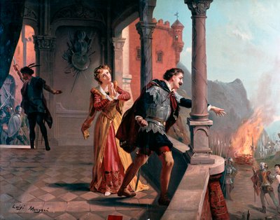 Illustration för Manrico aria, Di quel pira akt III, i Il Trovatore, opera av Giuseppe Verdi av Luigi Morgari