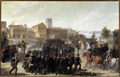 Piemontesernas erövring av staden Peschiera del Garda, 30 maj 1848 (olja på duk av Luigi Morgari