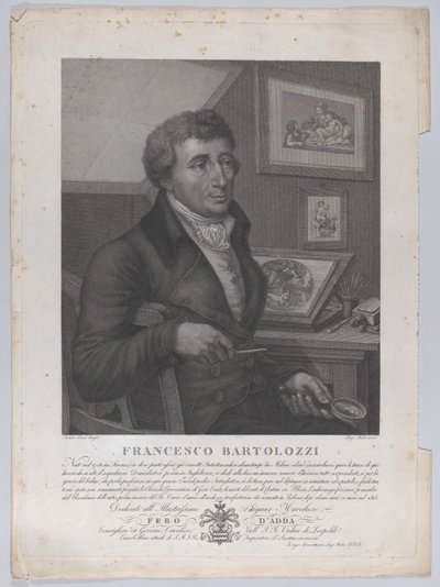 Porträtt av Francesco Bartolozzi, sittande, med ett förstoringsglas med tryckverktyg..., 1827 av Luigi Rados