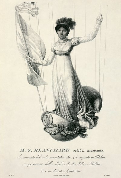 Porträtt av den franska ballongfararen Sophie Blanchard under hennes flygning i Milano, Italien, 1811 av Luigi Rados