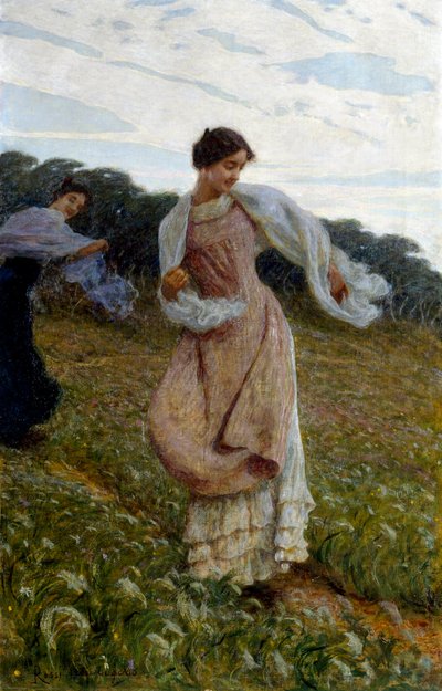 "Breeze. Två kvinnor på ett fält leker och njuter av sin värme, som blåser i vinden. Målning av Luigi Rossi (1853-1923), ca 1910-1912. Olja på duk. Privat samling. av Luigi Rossi