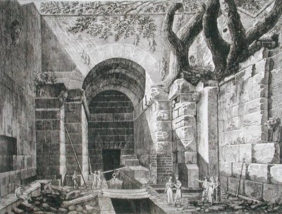 Romerska lämningar vid Castel Gandolfo, Lake Albano, från "The Antiquities of the Contours of Rome", publicerad 1824-26 (etsning) av Luigi Rossini