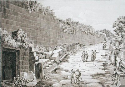 Romersk väg till Tusculo efter den första utgrävningen 1825, från "Le Antichita dei contorni di Roma", publicerad 1824-26 (etsning). av Luigi Rossini