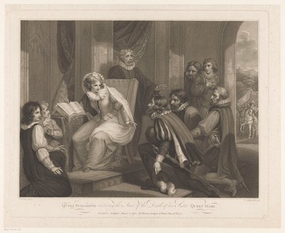 Drottning Elizabeth får beskedet om drottning Marias död Drottning Elizabeth tar emot nyheten om hennes syster Queen Marys död (titel på objektet) av Luigi Schiavonetti