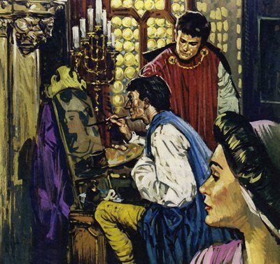 Greve John blev Van Eycks beskyddare i Haag (färglitografi) av Luis Arcas Brauner