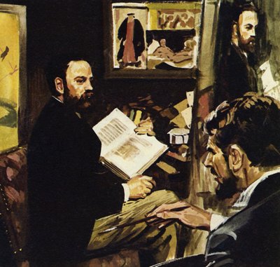 Emile Zola förutspådde att Manets verk skulle hänga i Louvren (färglitografi) av Luis Arcas Brauner