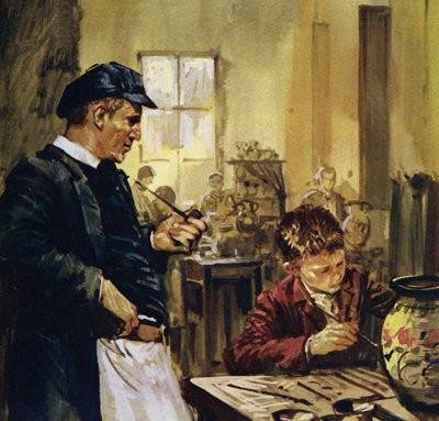 Pierre Auguste Renoir arbetade som barn i en porslinsfabrik (färglitografi) av Luis Arcas Brauner