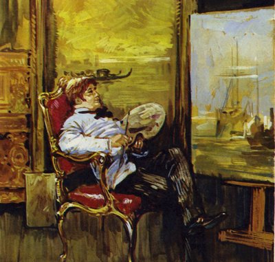 Turner sittande framför en av sina målningar (färglitografi) av Luis Arcas Brauner