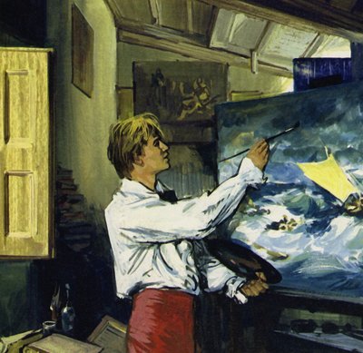 Turner förvandlade skisser från sina resor runt Wales och Isle of Wight till storslagna målningar (färglitografi) av Luis Arcas Brauner
