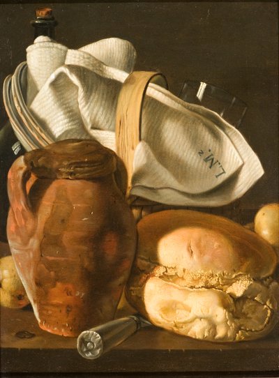 Stilleben med bröd, en kanna och en servett, efter cirka 1830 (olja på duk) av Luis Egidio Melendez