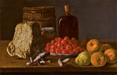 Stilleben med en tallrik med azaroler, frukt, svamp, ost och kärl. av Luis Egidio Melendez
