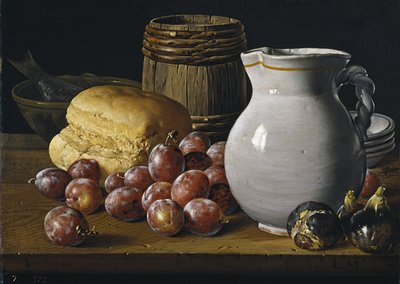 Stilleben med plommon, fikon, bröd och kanna, 1700-talets andra hälft av Luis Egidio Melendez