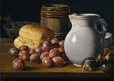 Stilleben med plommon, fikon, bröd och kanna par Melendez, Luis Egidio (1716-1780), andra hälften av 1700-talet. - Olja på duk, 35x48 - Museo del Prado, Madrid av Luis Egidio Melendez