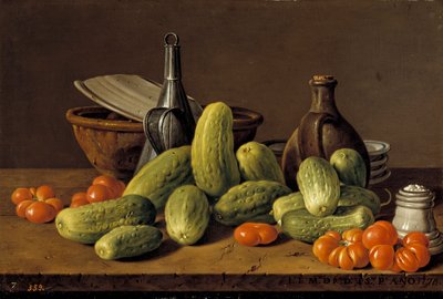 Spanska: Bodegón con pepinos, tomates y recipientes Stilla liv med gurkor tomater och kärl av Luis Egidio Melendez