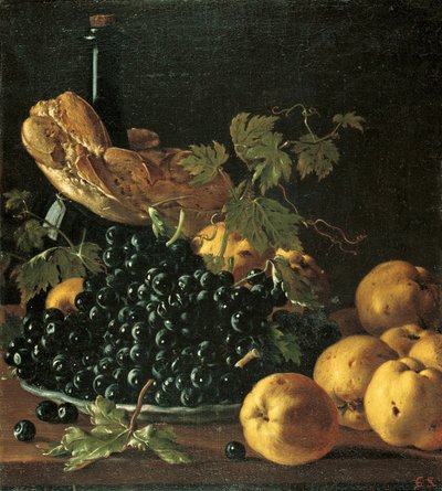 Stilleben med bröd, äpplen, vindruvor och en flaska av Luis Egidio Melendez
