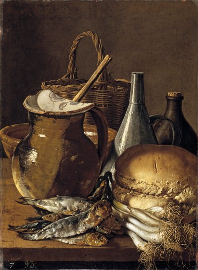 Stilleben med sill, gräslök, vitlök och köksredskap av Luis Egidio Melendez
