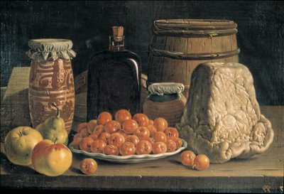 Stilleben med frukt och ost av Luis Egidio Menendez or Melendez
