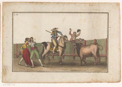 Picador riktar sin lans mot en tjur Coleccion de las principales suertes de una corrida de toros (serietitel) Samling av de viktigaste tjurfäktningsmanövrarna (serietitel) av Luis Fernandez Noseret