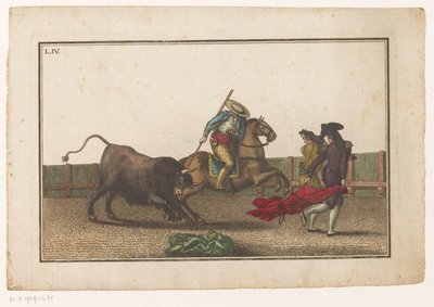 Picador kastar sin lans i en tjur Coleccion de las principales suertes de una corrida de toros (serietitel) Samling av de viktigaste manövrarna inom tjurfäktning (serietitel) av Luis Fernandez Noseret