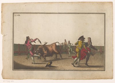 Oxen utmanas med banderillas Coleccion de las principales suertes de una corrida de toros (serietitel) Samling av de viktigaste manövrarna inom tjurfäktning (serietitel) av Luis Fernandez Noseret