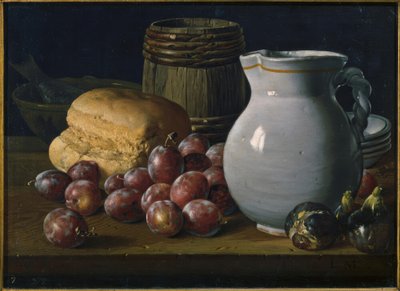Stilleben med plommon, fikon, bröd, fat, kanna och andra kärl av Luis Meléndez