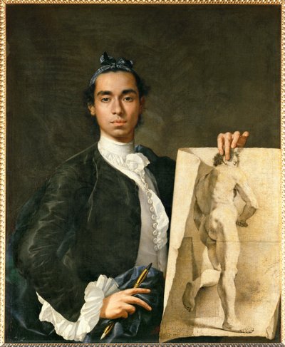 Porträtt av konstnären som håller i en akademi... av Luis Menendez or Melendez