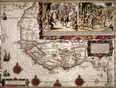 Geografisk karta över Guinee gjord av kartografen Luis Teixera (eller Teixeira), cirka 1586. Längst upp till höger, representation av en dansscen bland ursprungsbefolkningen (afrikaner). av Luis Teixeira
