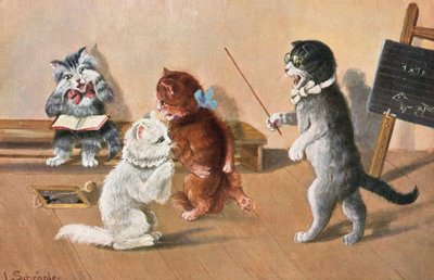 Vykort med humoristisk katt (färglitografi) av Luise Schropler