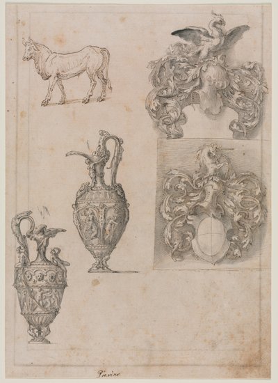 Design för två vaser, två vapensköldar och en Bull recto, mitten av 1500-talet. av Luzio Romano