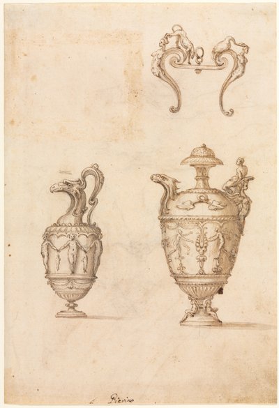 Design för två vaser och en prydnad recto, mitten av 1500-talet. av Luzio Romano