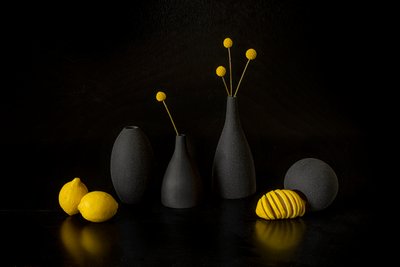 Gula citroner, svarta vaser av Lydia Jacobs