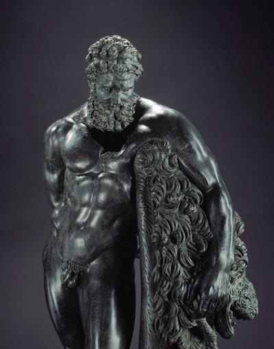 Grekisk konst: "" Herakles i vila"" Detalj - Bronsskulptur av Lysippe av Sicyone (395-305 f.Kr.) 300-talet f.Kr., från helgedomen av Ercole Curino, Sulmona - Museo Nazionale Archeologico, Chieti Italien - Herakles (Hercules) vilar - Detalj av bronsskulptur av Lysippos (attributed to)