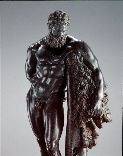 Grekisk konst: "" Herakles i vila "" Detalj. Bronsskulptur av Lysippe av Sicyone (395-305 f.Kr.) 300-talet f.Kr. Från helgedomen Ercole Curino, Sulmona. Nationella arkeologiska museet, Chieti Italien av Lysippos (attributed to)