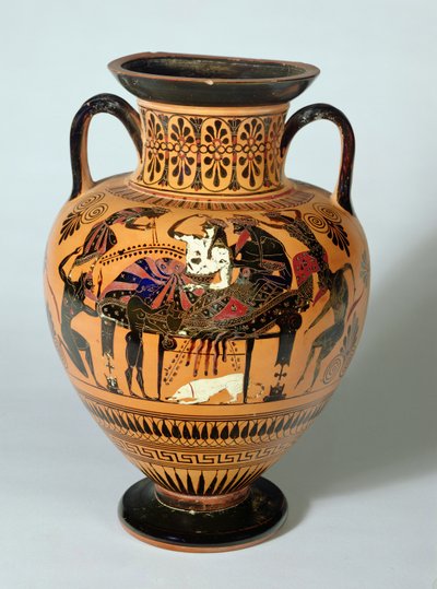 Svart-figur amfora föreställande Dionysos och Ariadne Bankett, grekiska, 530-520 f.Kr. (lera) av Lysippos