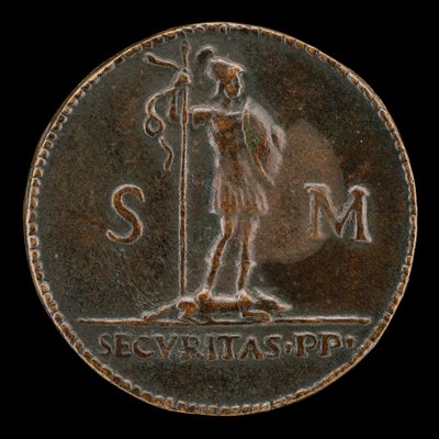 Beväpnad figur som står på en framskjuten varg [omvänd]. av Lysippus Junior