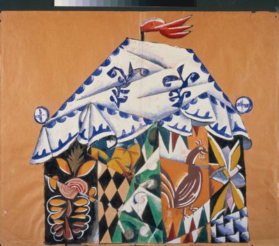Skiss av ridån för pjäsen "" Av påven och hans betjänt Balda "", av Alexander Pushkin (1799-1837). Verk av Lyubov (Lioubov) Sergeyevna Popova (1889-1924), collage, gouache och brons på papper av Lyubov Sergeevna Popova