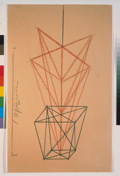 Pelargoner i kruk. Skiss till pjäsen ""Le cocu magnificient"" av Fernand Crommelynck (1886-1970). Verk av Lyubov (Lioubov) Sergeyevna Popova (1889-1924), penna på papper av Lyubov Sergeevna Popova