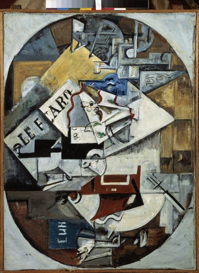 Fortfarande liv. (Le Figaro) Målning av Lyubov (Lioubov) Sergeyevna Popova (1889-1924), olja på duk av Lyubov Sergeevna Popova