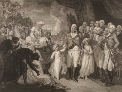 Markisen Cornwallis tar emot gisslanprinsarna, söner till Tippoo Sultan av M. (after) Brown