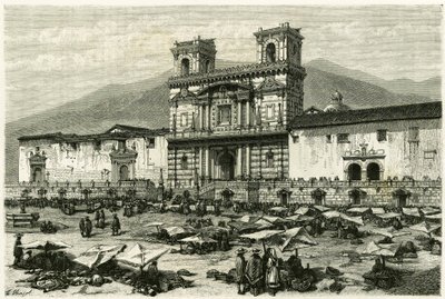 Katedralen i Quito (huvudstad i dagens Ecuador) och den populära underhållningen på dess torg. Gravyr av Clerget och Ferdinandus, för att illustrera berättelsen "Equinoxiale America"" av M. (after) Ferdinandus