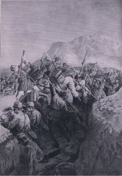 Italienarnas misslyckade anfall på Doberdos höjder, från The Illustrated History of the World War 1914-1915, utgiven av Union Berlagsefellfchaft. av M. Barascudts
