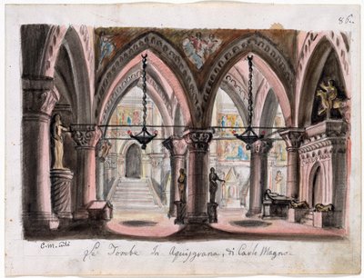 Le tombeau de Charlemagne a Aix-la-Chapelle - Scenografi för Operan Ernani av Giuseppe Verdi - M. Conti (1810-1886). Akvarell på papper Mått : 22x29 cm The Morgan Library & Museum, New York av M. Conti