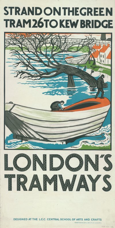 "Strand on the Green, Tram 26 to Kew Bridge", London County Council LCC Tramways affisch, 1924 av M Haythorne