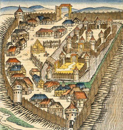 Sabatz, illustration från "Liber Chronicle" (Nürnbergkrönikan) av Hartmann Schedel (1440-1514), utgiven av. Nürnberg, 1493 (handkolorerad gravyr). av M. and Pleydenwurff, W. Wolgemuth